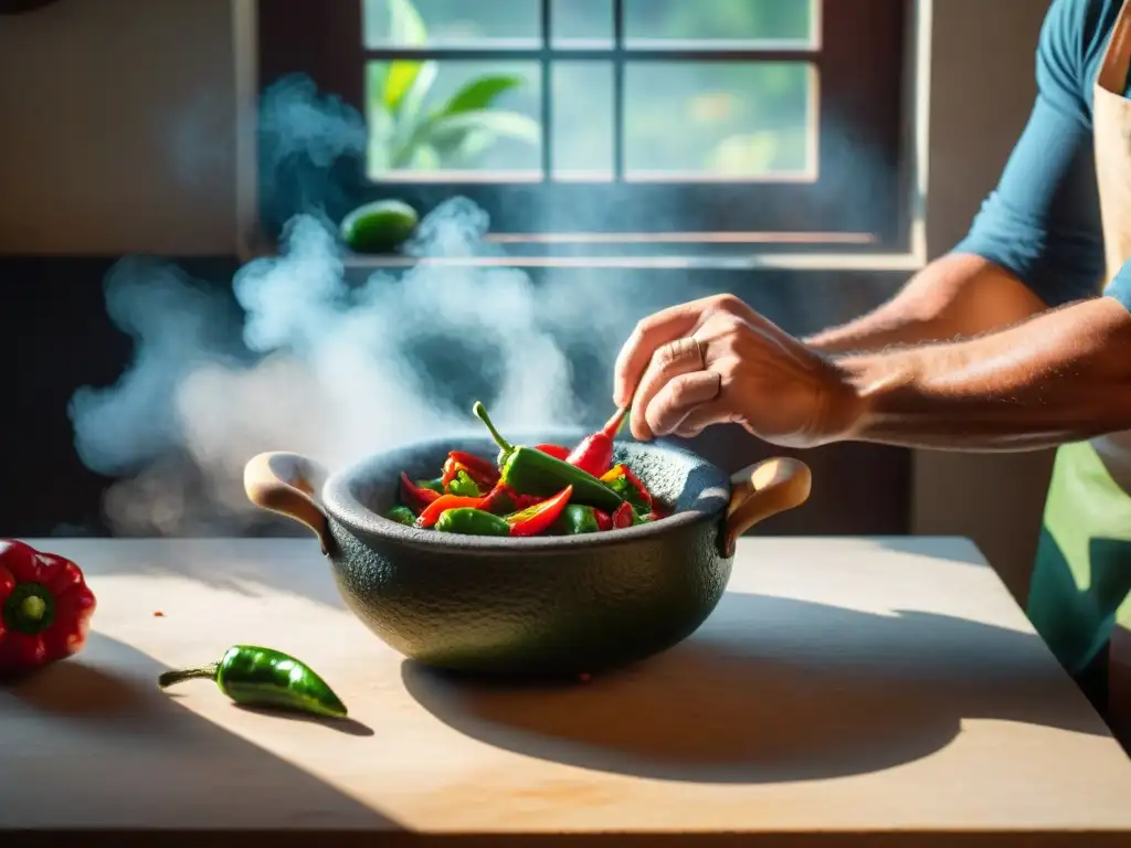 Un chef experto fusiona ajíes rojos y verdes en un molcajete, resaltando la importancia del ají en fusiones culinarias