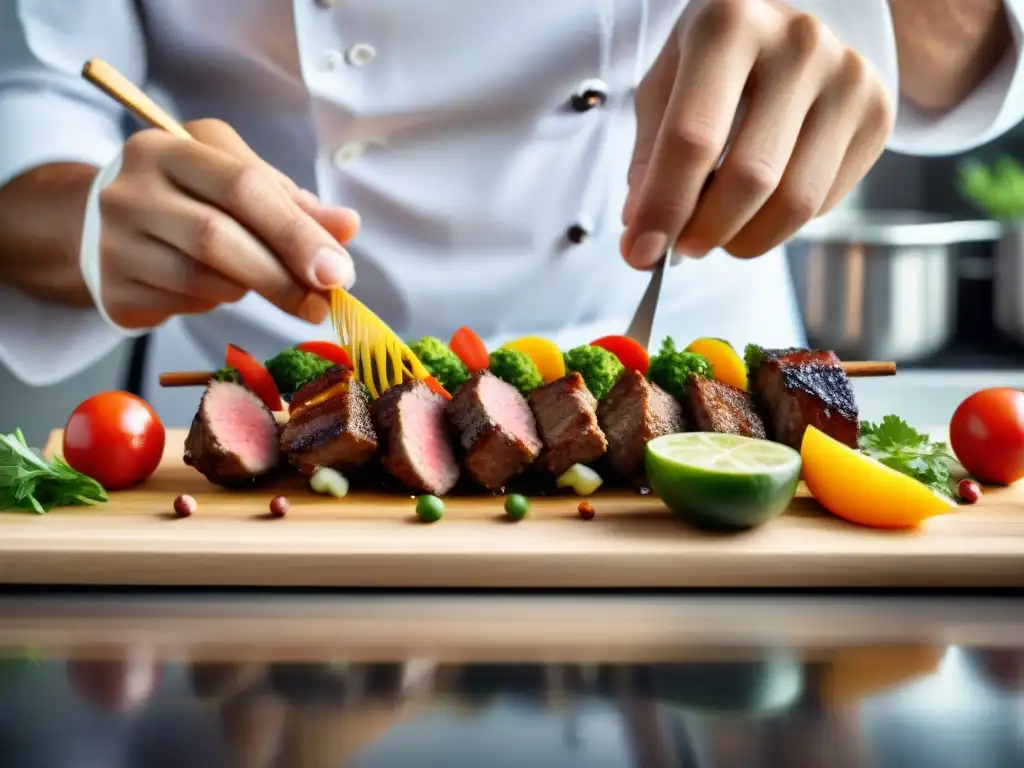 Un chef experto elabora Anticuchos de alta cocina Perú en una cocina moderna y elegante