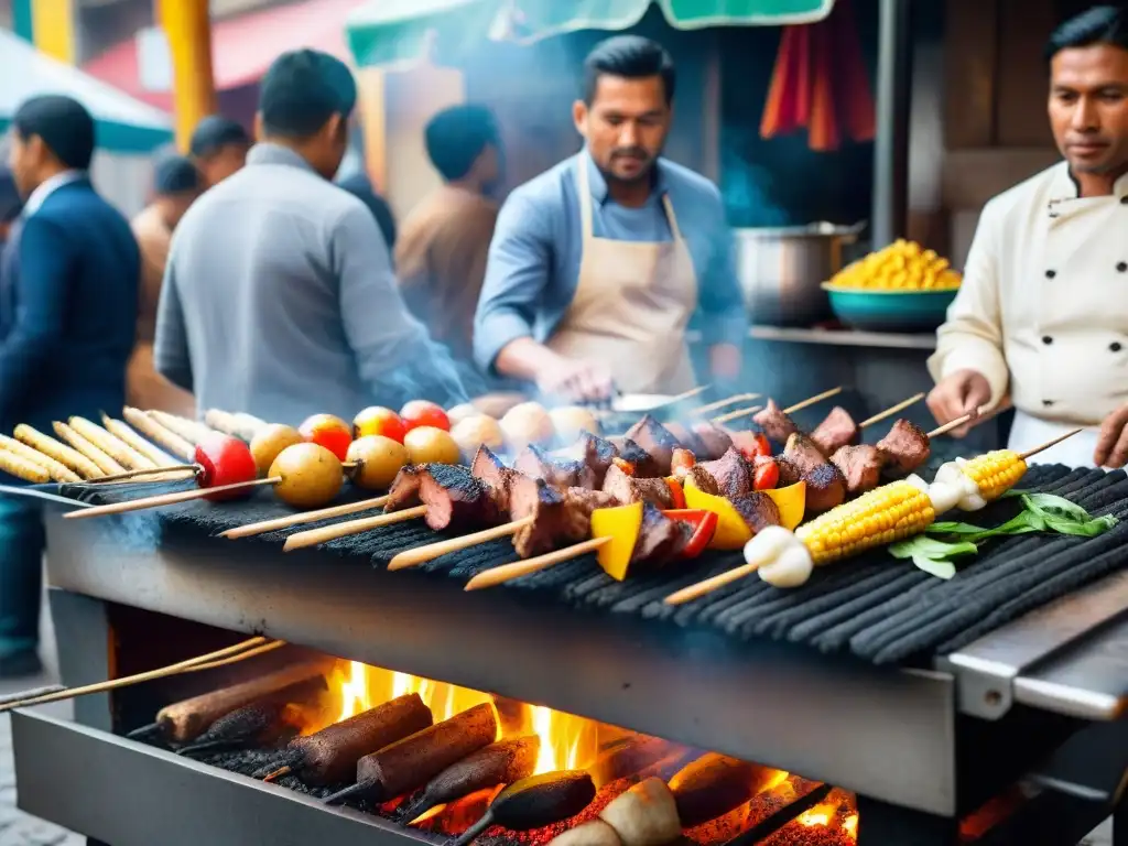 Un chef experto prepara anticuchos de corazón en una bulliciosa calle de Lima