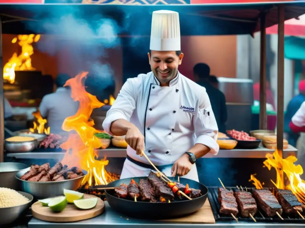 Un chef experto preparando anticuchos de corazón de res con pasión en un animado mercado peruano