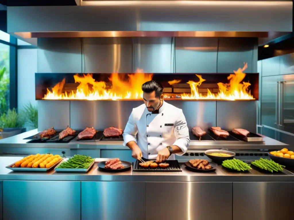 Un chef experto preparando anticuchos con técnicas modernas de grillado peruano en una cocina de alta tecnología