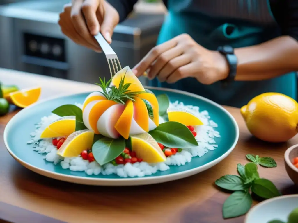 Un chef experto decora con arte un ceviche peruano usando tecnología moderna