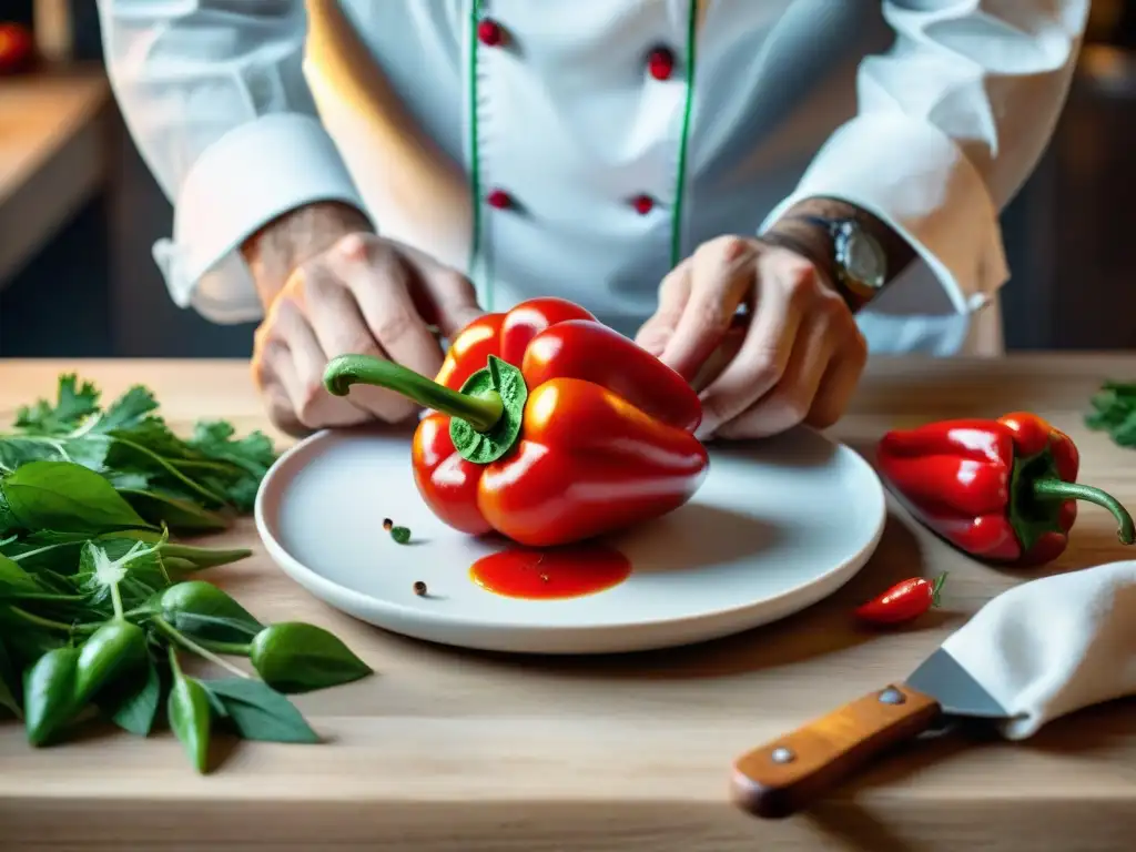 Un chef experto crea arte culinario con rocotos, mostrando estilismo para platos picantes