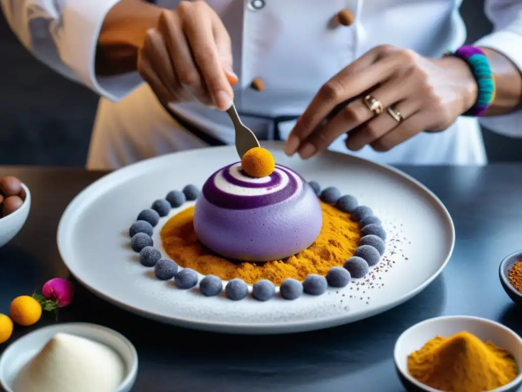 Un chef experto crea arte culinario en postres peruanos, decorando un exquisito mousse de lucuma con goldenberries