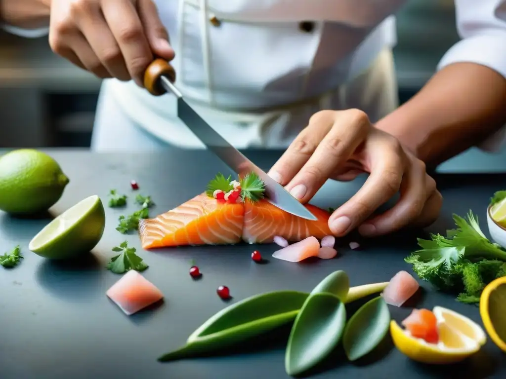 Un chef experto prepara un auténtico ceviche de trucha andina, mostrando su destreza y precisión