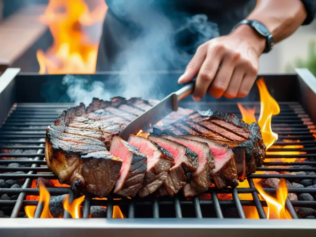 Un chef experto asando carne en parrilla peruana, mostrando su destreza y los secretos de la técnica