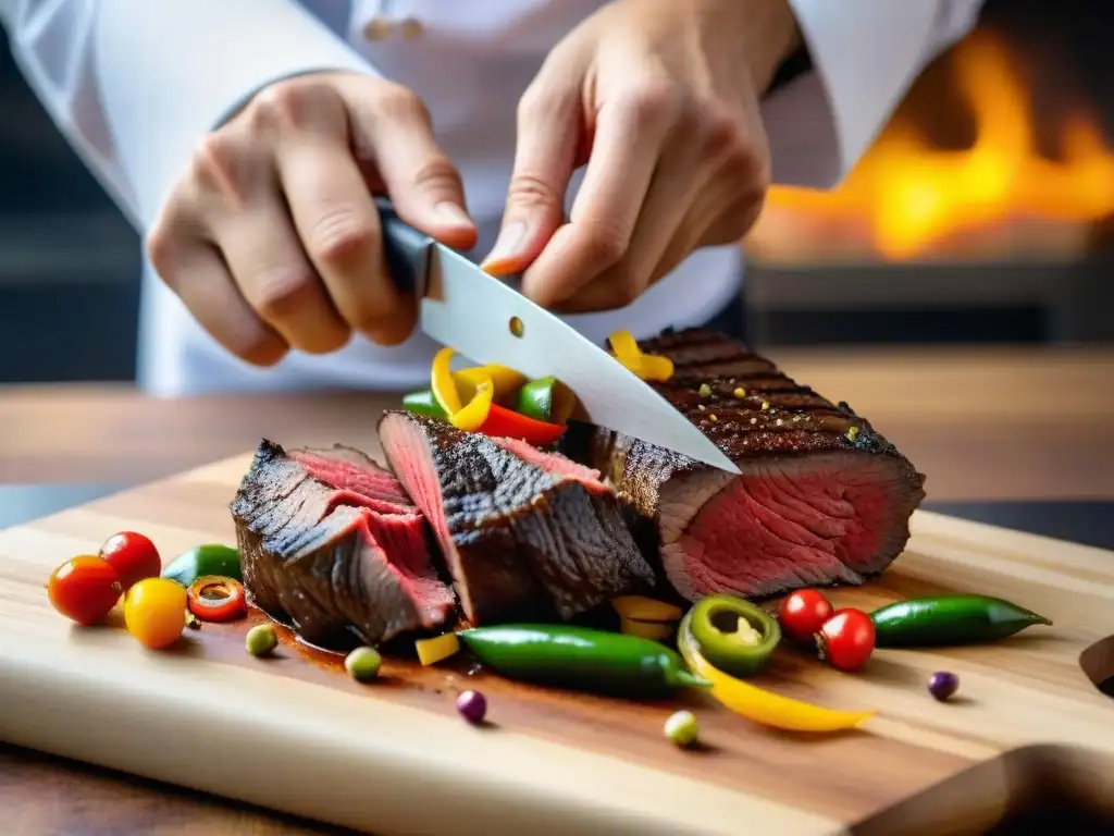 Un chef experto cortando carne para lomo saltado