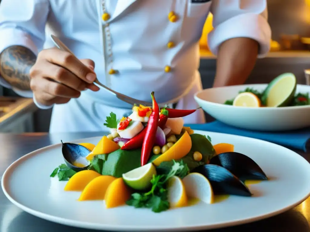 Un chef experto preparando ceviche en una bulliciosa cocina costeña peruana, con ingredientes tradicionales