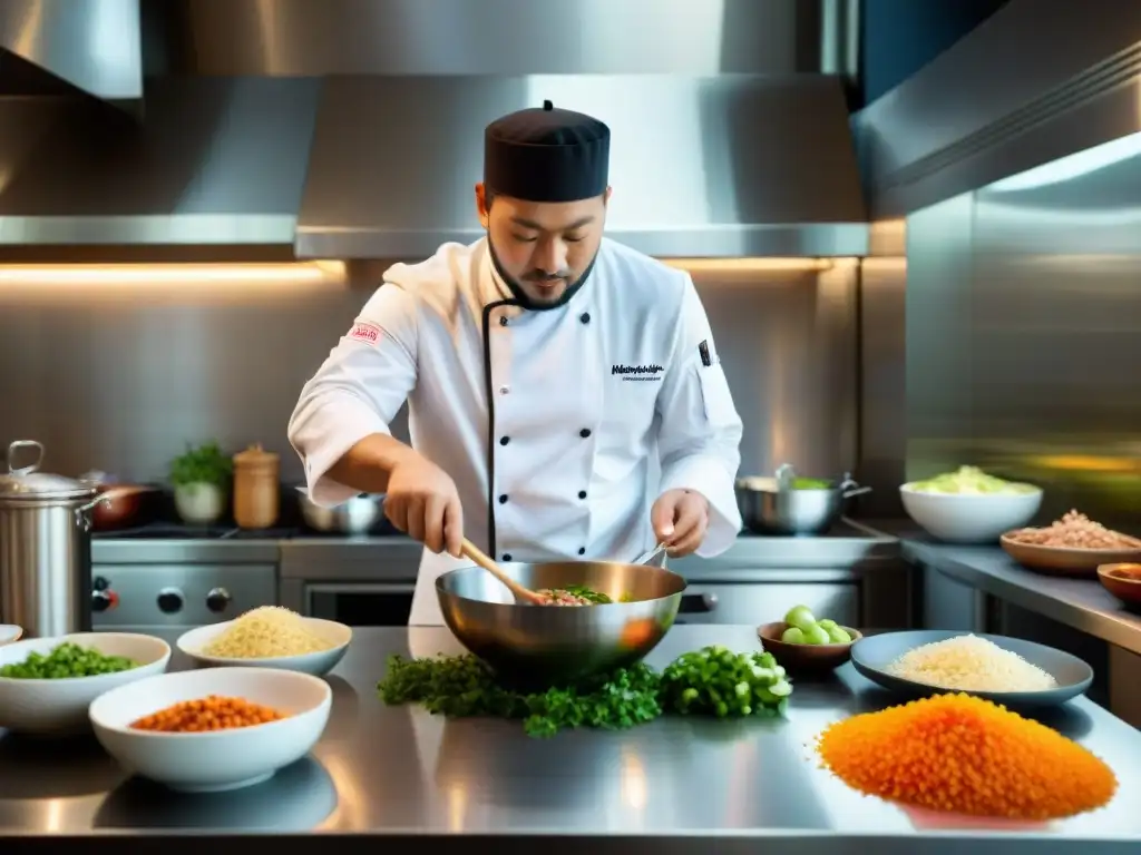 Un chef experto preparando ceviche chino-peruano en una cocina moderna, fusionando ingredientes con precisión