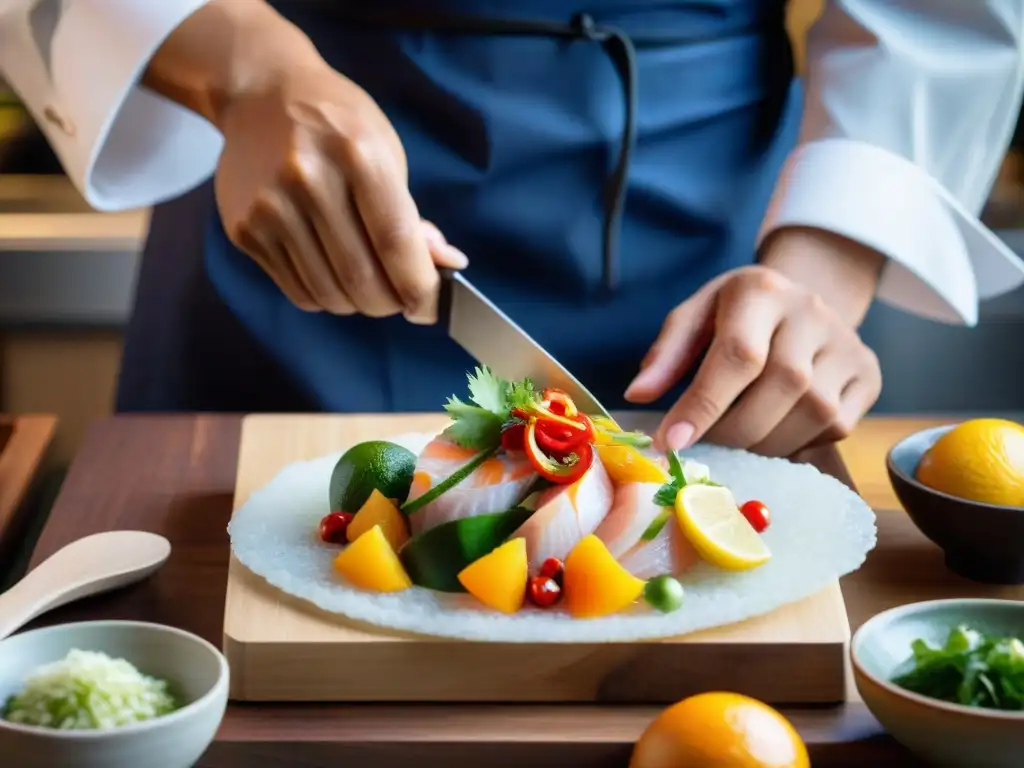 Un chef experto prepara ceviche en una cocina Nikkei en Perú