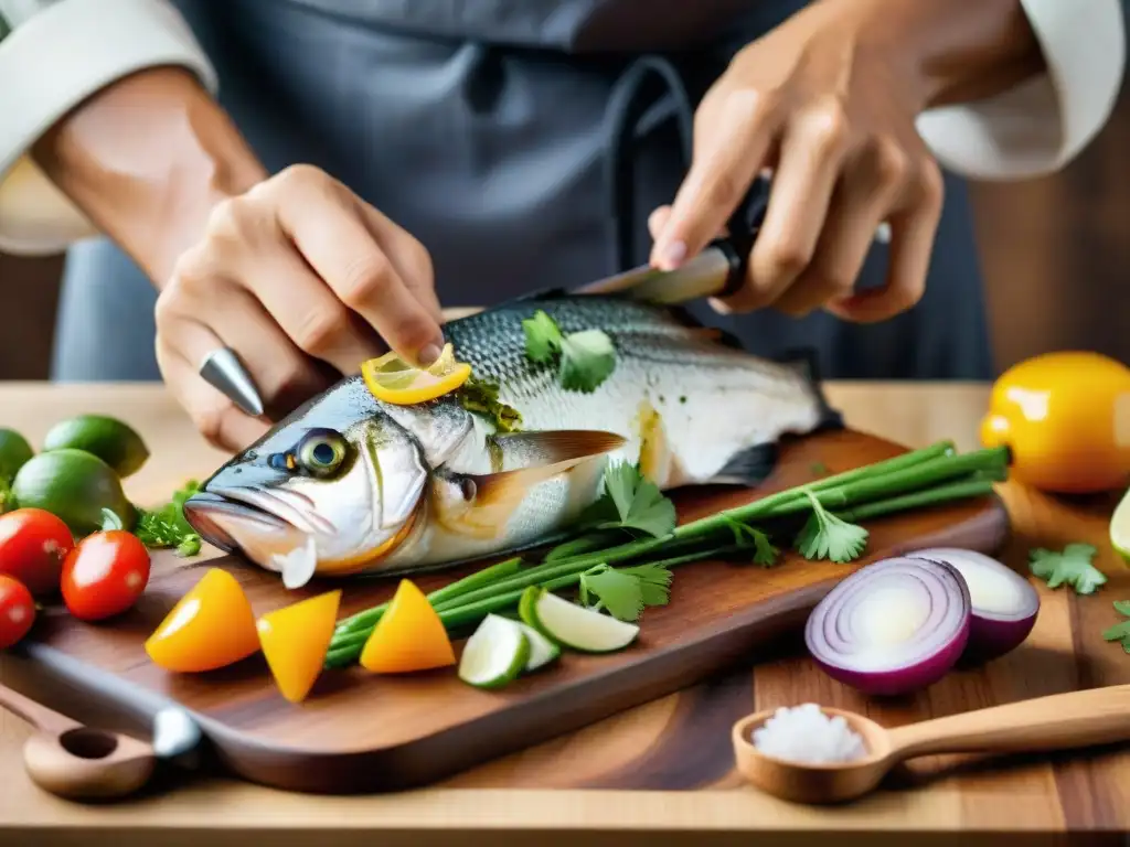 Un chef experto prepara ceviche con destreza, destacando el contraste de colores