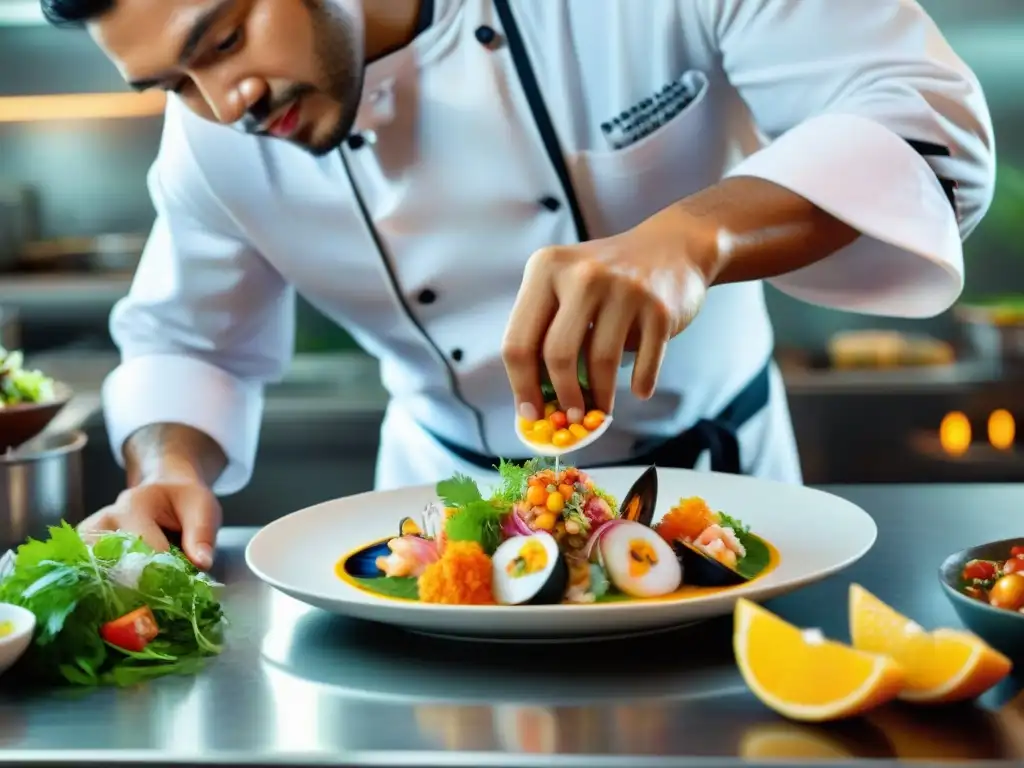 Un chef experto prepara un ceviche fusionado con mariscos peruanos en una cocina moderna, mostrando creatividad y destreza culinaria