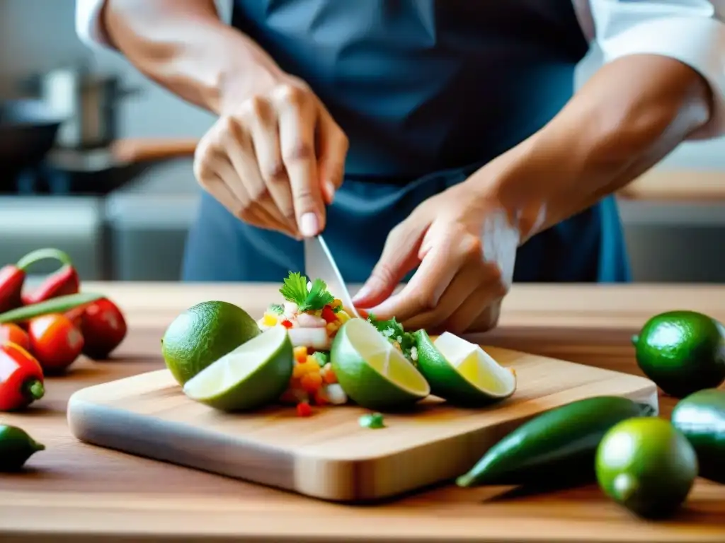 Un chef experto preparando un ceviche peruano tradicional en una cocina moderna, fusionando ingredientes con precisión