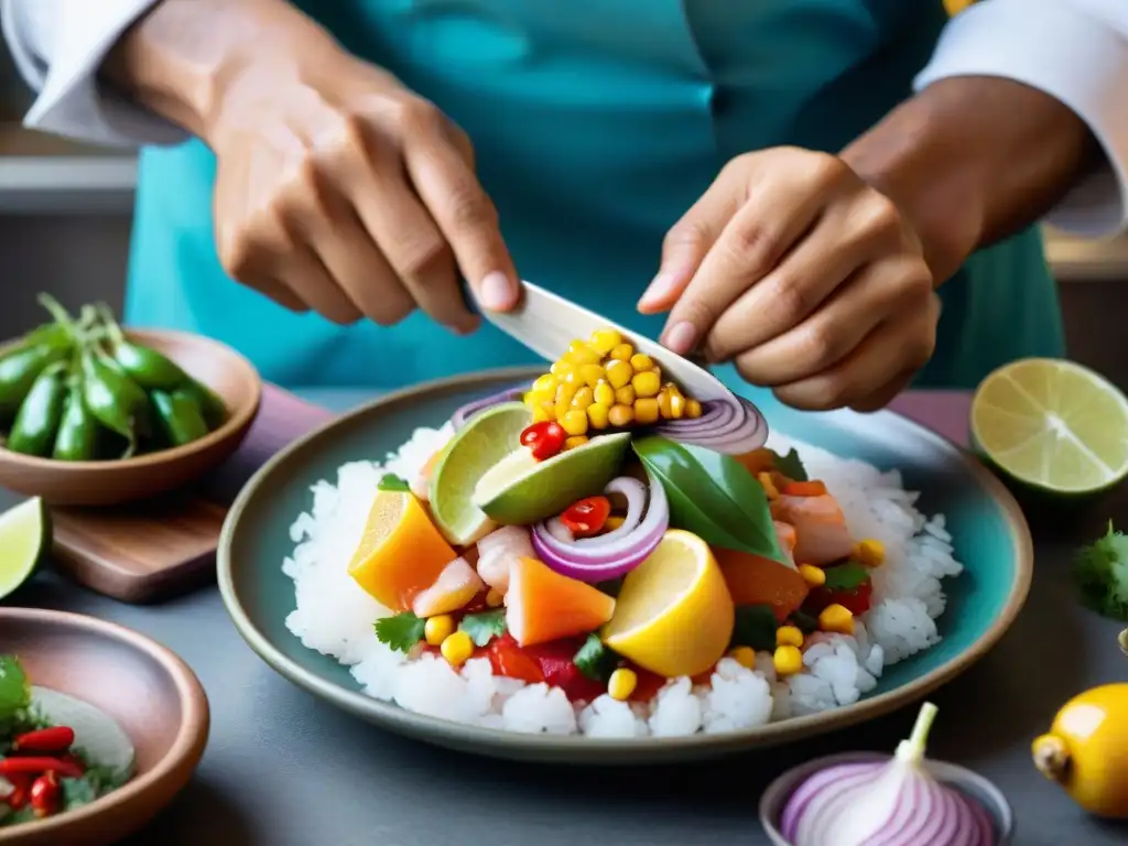 Chef experto preparando ceviche peruano tradicional con maestría, resaltando la fusión de ingredientes frescos y sabores