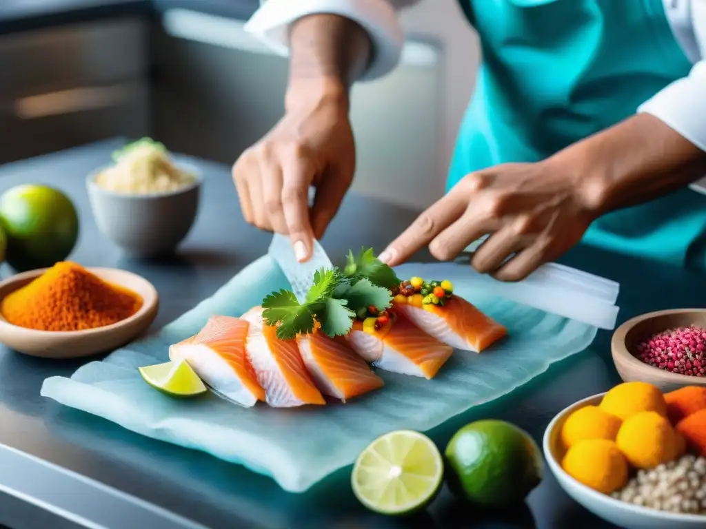 Un chef experto preparando ceviche peruano con técnica sousvide, destacando coloridos ingredientes y textiles tradicionales peruanos