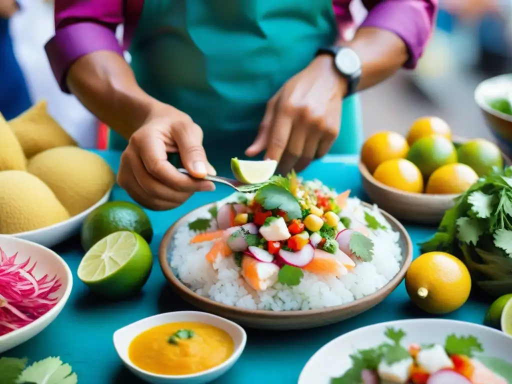 Un chef experto prepara un ceviche peruano tradicional en un mercado bullicioso