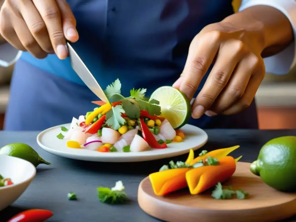 Un chef experto prepara con precisión un ceviche peruano tradicional en una bulliciosa cocina