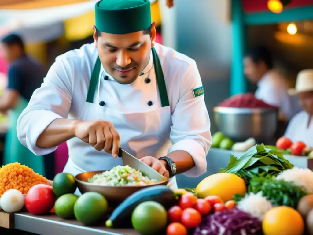 Un chef experto prepara ceviche peruano con ingredientes frescos en un mercado vibrante