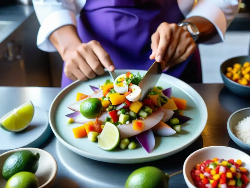 Un chef experto prepara un ceviche peruano con ingredientes autóctonos en una cocina bulliciosa