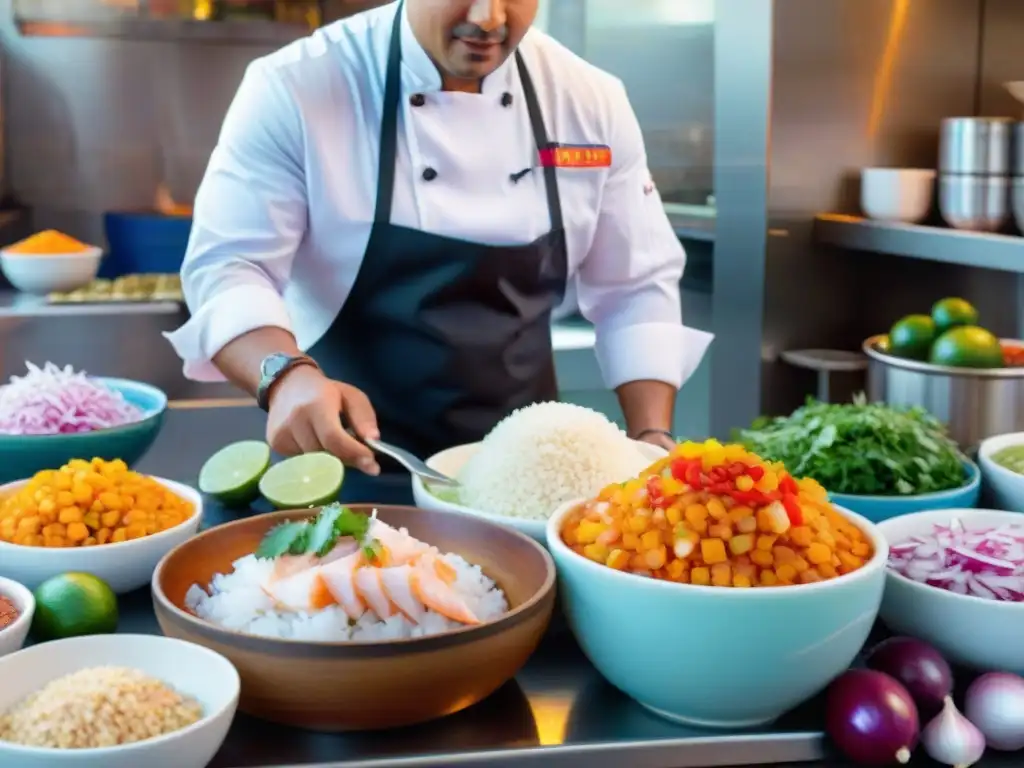 Un chef experto preparando ceviche peruano auténtico en un mercado vibrante