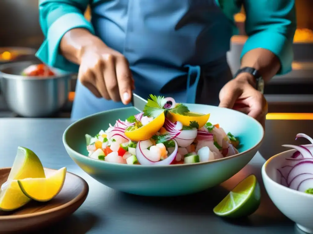 Un chef experto prepara ceviche peruano auténtico con precisión y pasión en una bulliciosa cocina