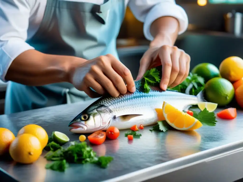 Un chef experto prepara ceviche peruano con destreza