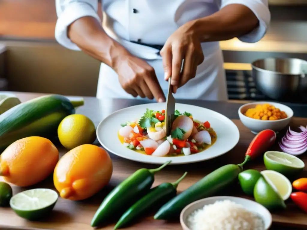 Un chef experto prepara un ceviche peruano en una cocina costera