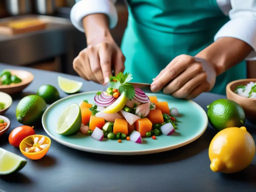 Un chef experto preparando ceviche peruano en cocina vibrante