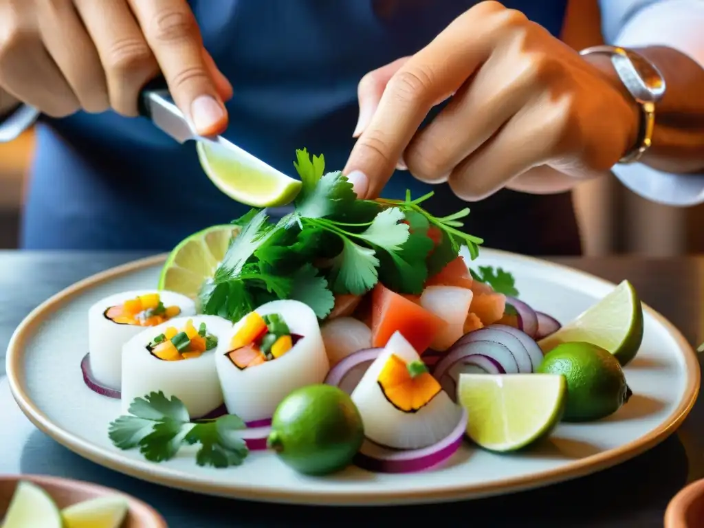 Un chef experto prepara ceviche peruano en restaurante de lujo, mostrando la precisión y arte de la gastronomía peruana platos tradicionales