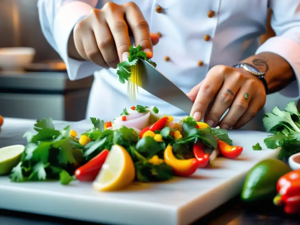 Un chef experto prepara ceviche peruano auténtico en una cocina bulliciosa