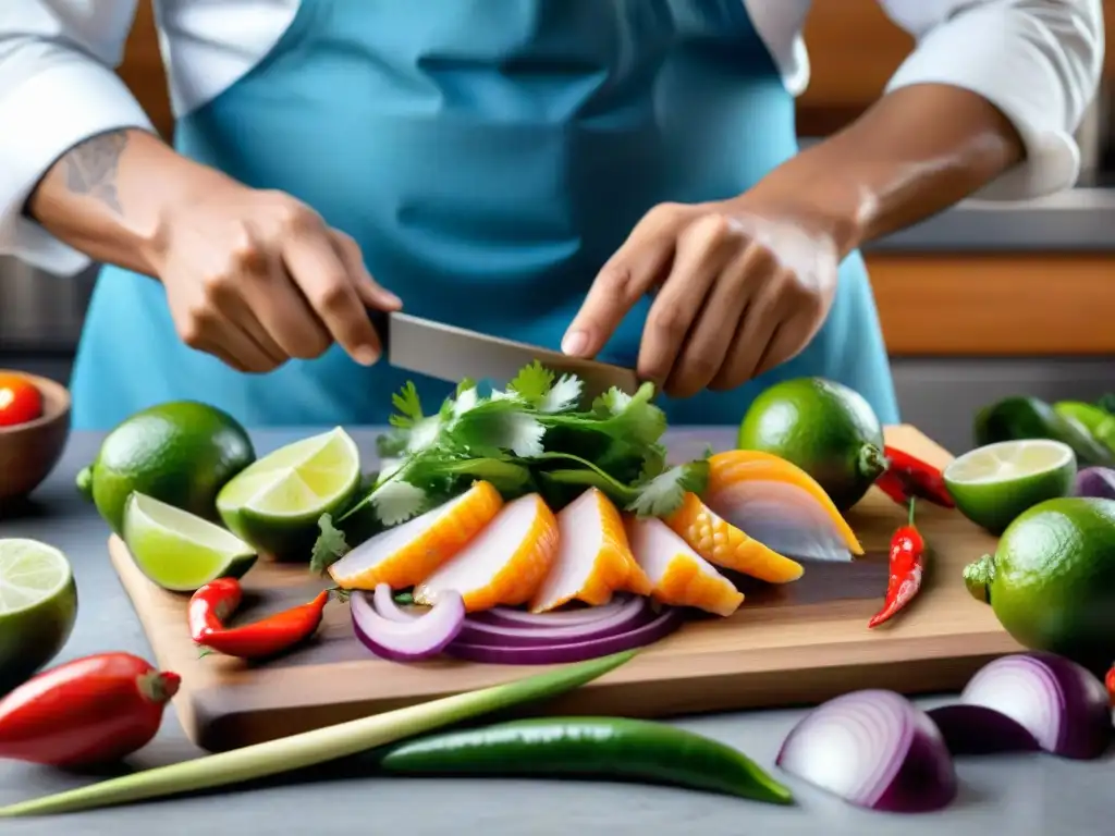 Un chef experto preparando ceviche peruano en una cocina caótica y organizada, destacando la fusión de ingredientes tradicionales