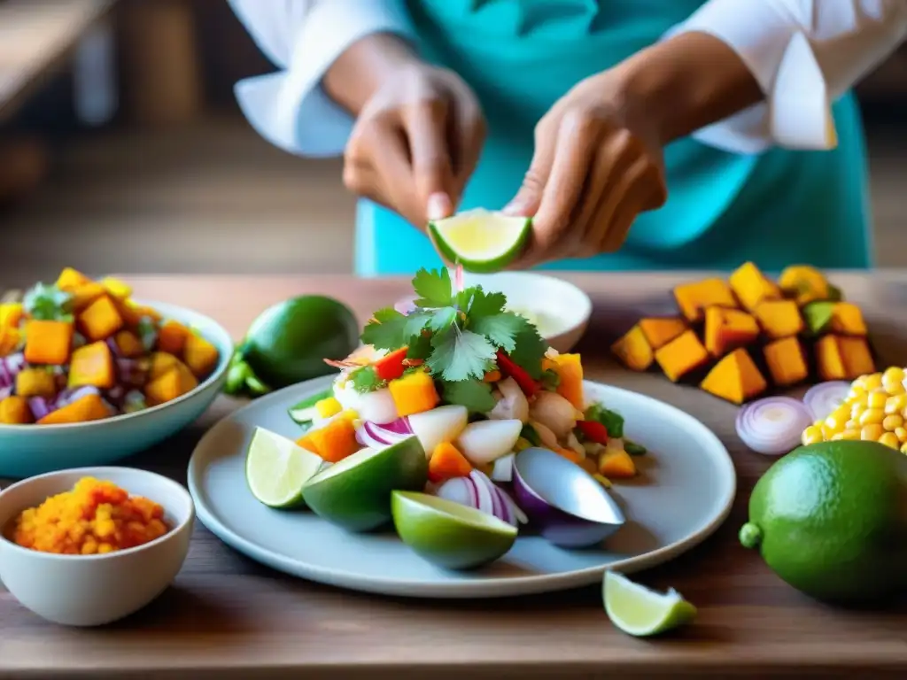 Un chef experto prepara un ceviche peruano con ingredientes autóctonos en una bulliciosa cocina costeña