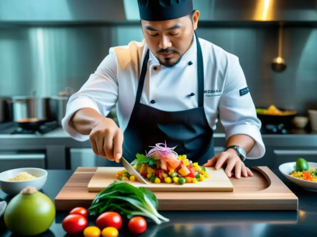 Un chef experto preparando ceviche Nikkei, fusionando técnicas peruanas y japonesas en talleres cocina fusión peruano-japonesa