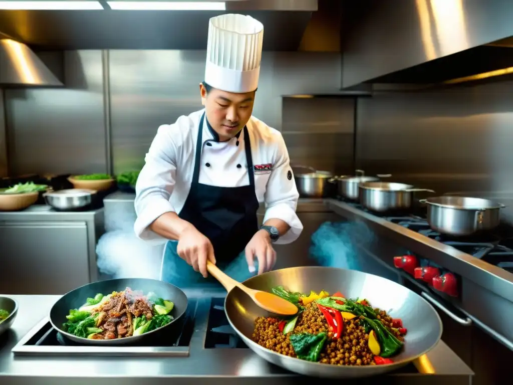 Un chef experto preparando Chifa en una cocina peruana, con ingredientes vibrantes en movimiento