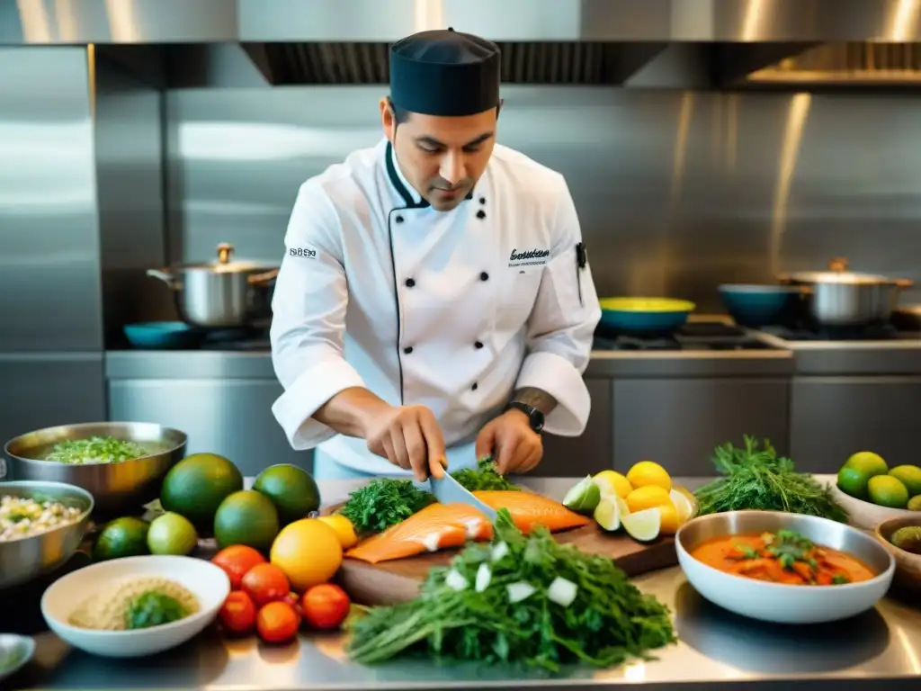 Un chef experto preparando un Chilcano de Pescado en cocina profesional, resaltando sus raíces costeras