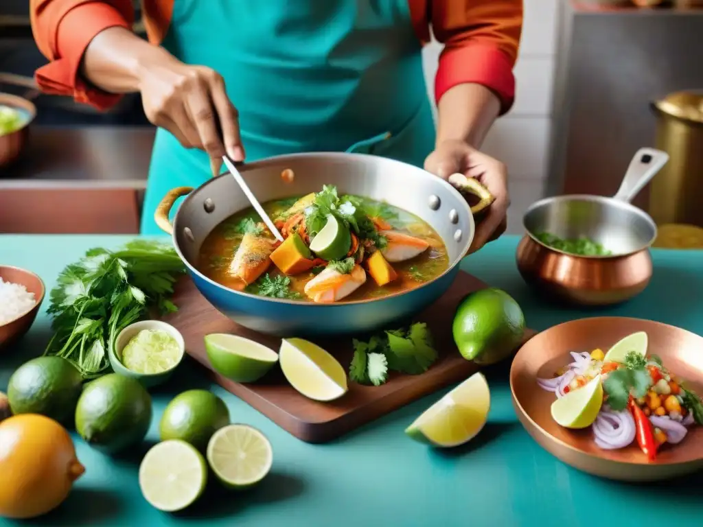 Un chef experto prepara un chilcano de pescado casero en una cocina peruana tradicional, evocando sabores y tradiciones