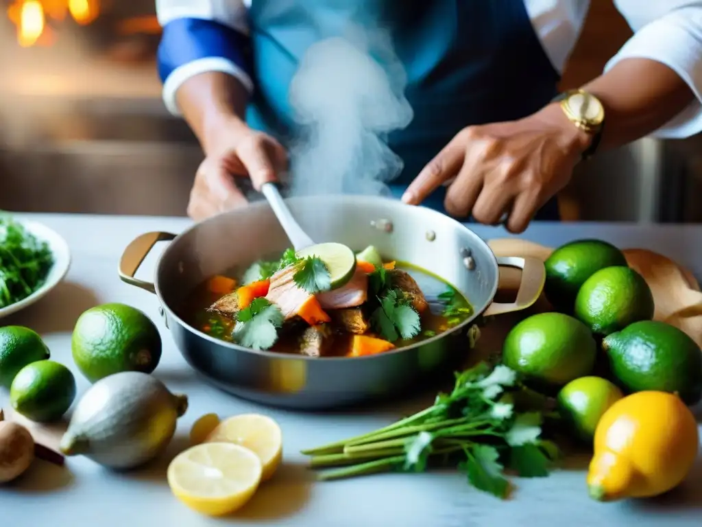 Un chef experto preparando un Chilcano de Pescado casero en cocina peruana tradicional