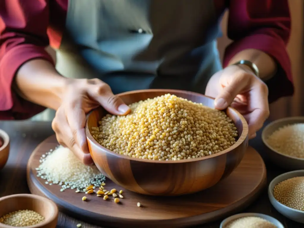 Chef experto en clases de cocina con quinua, mide granos coloridos en cuenco rústico