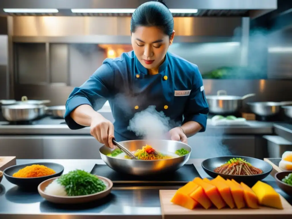 Un chef experto en cocina Nikkei: Fusión Peruano-Japonesa prepara con destreza un plato en una bulliciosa cocina