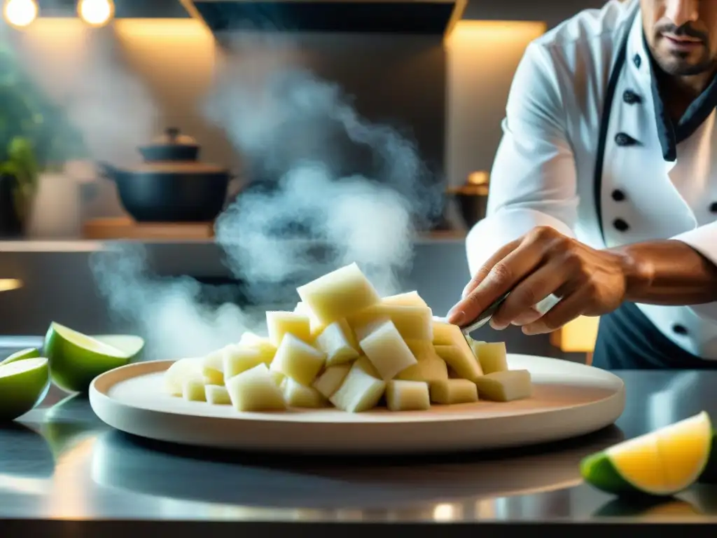 Un chef experto transforma yuca en la cocina moderna, mostrando habilidades culinarias innovadoras