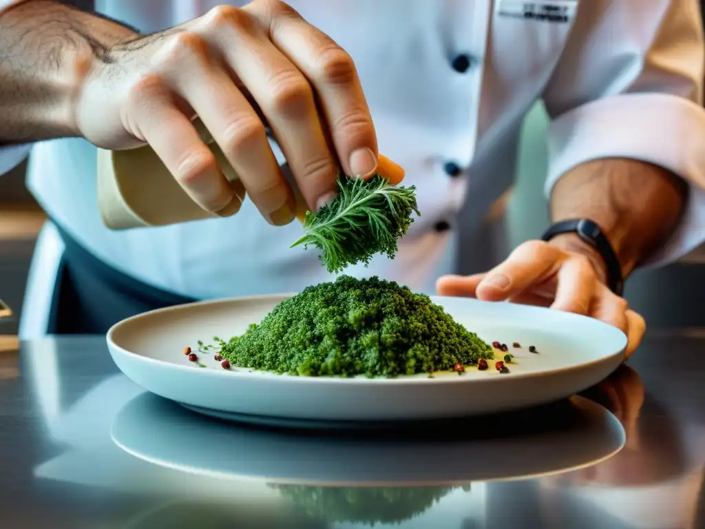 Un chef experto en una cocina moderna incorpora Hierba Luisa en un plato vibrante