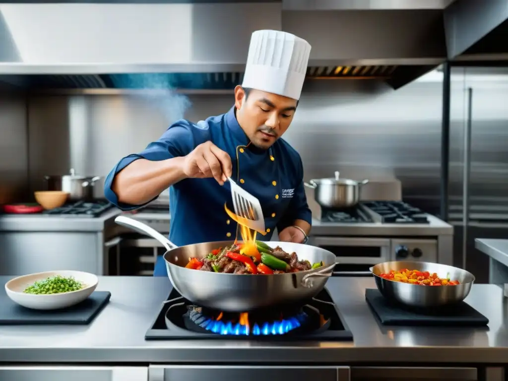 Un chef experto en una cocina moderna preparando lomo saltado fusión moderna con determinación y destreza, mientras las llamas danzan en el wok