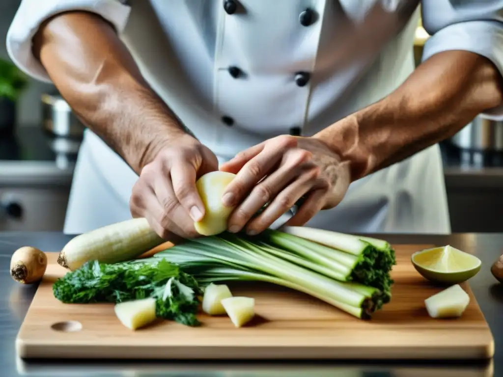 Un chef experto pela una yuca en una cocina moderna, mostrando destreza culinaria