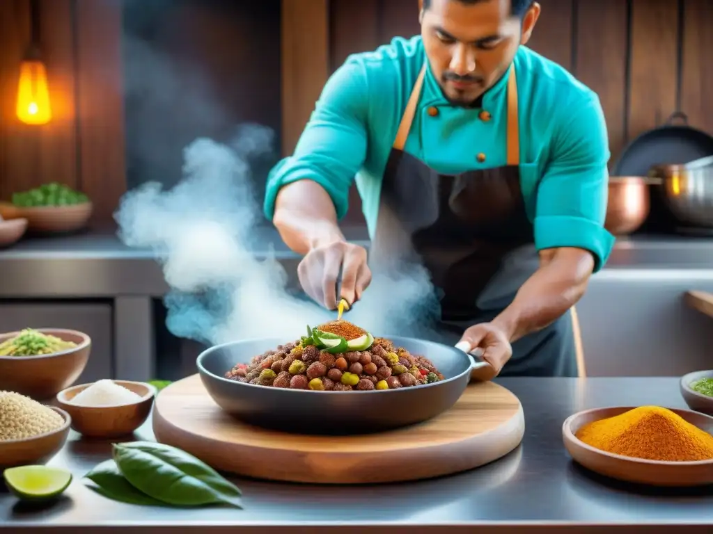 Un chef experto en una cocina peruana tradicional moldea con destreza un delicioso tacu tacu