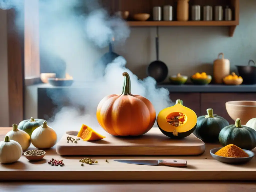 Un chef experto en cocina peruana talla un Zapallo Loche, resaltando su vibrante color naranja