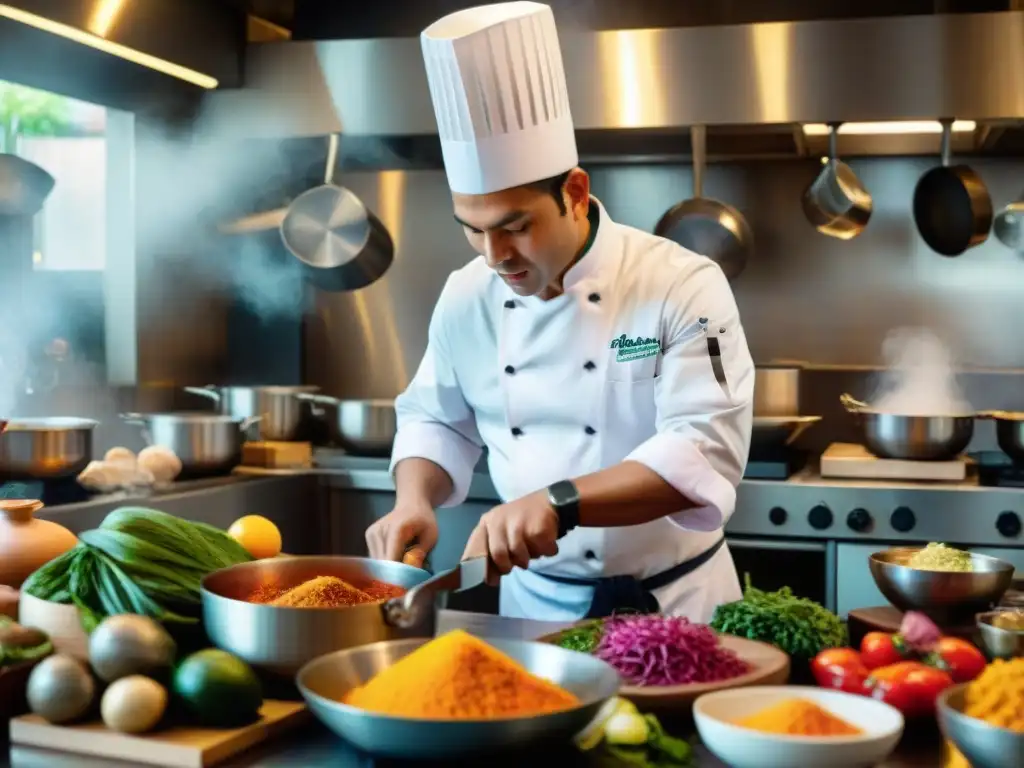 Un chef experto en una cocina peruana, cortando con precisión ingredientes frescos con cuchillos de chef