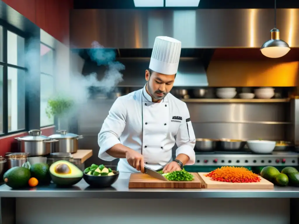 Un chef experto en una cocina peruana, fusionando técnicas japonesas, preparando un plato Nikkei