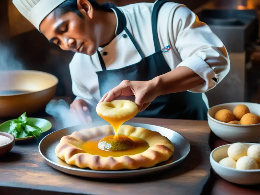 Un chef experto en una cocina peruana tradicional, friendo picarones con destreza