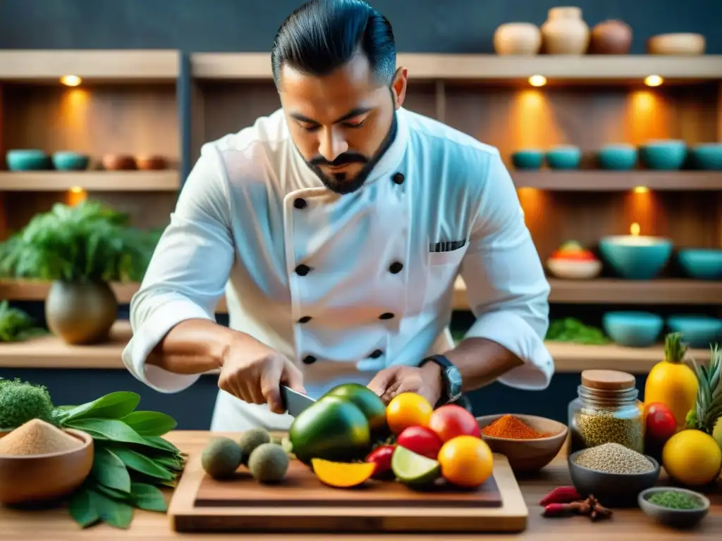 Un chef experto en cocina amazónica prepara un platillo colorido con ingredientes exóticos