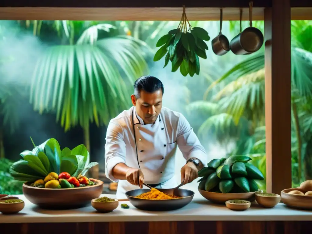 Un chef experto en cocina amazónica prepara platillo con ingredientes selváticos